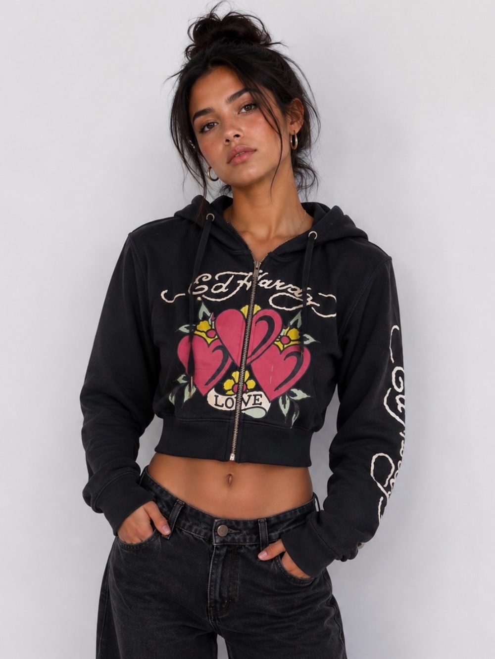 Ed Hardy Black Zip cropped Front Teddy Jacket with Pink Heart Motif- size medium